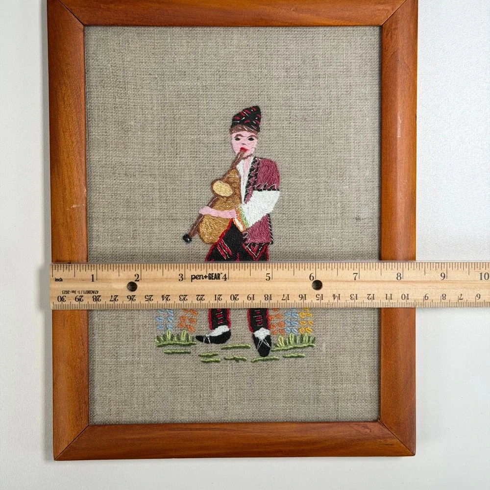 Vintage Mid-Century Petit Needlepoint Bagpiper‎ Framed Tapestry 9x11 Folk Art